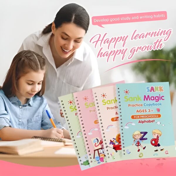 SANK Montessori First Preschool Learning Practice Handwriting 4 Magic Pen, 10 Ink Refills Copybooks Set